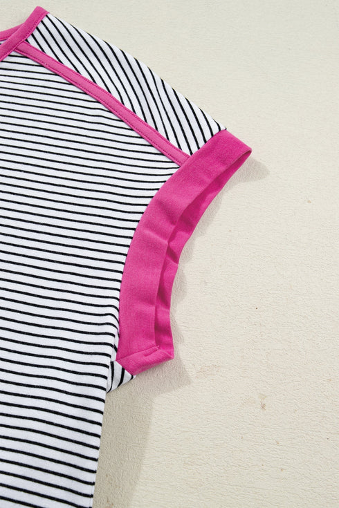 Soft Jersey Striped Print Contrast Trim Short Sleeve T Shirt