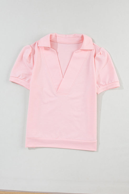 Soft Knit Collared V Neck Puff Sleeve Top