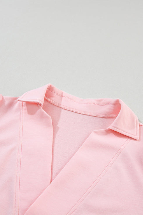 Soft Knit Collared V Neck Puff Sleeve Top