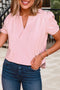 Soft Knit Collared V Neck Puff Sleeve Top