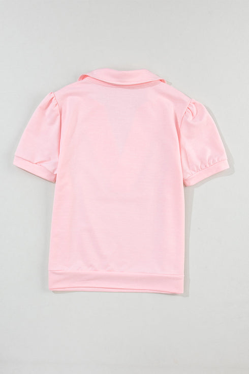 Soft Knit Collared V Neck Puff Sleeve Top