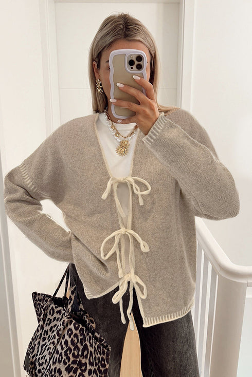 Soft Knit Contrast Tie Front Cardigan