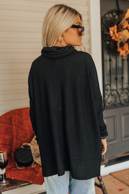 Soft Knit Cowl Neck Drawstring Pocket Tunic Top