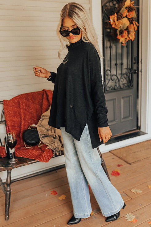 Soft Knit Cowl Neck Drawstring Pocket Tunic Top