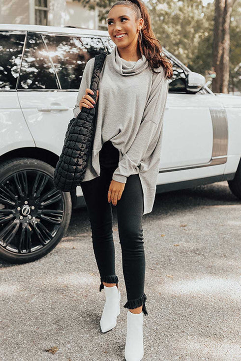 Soft Knit Cowl Neck Drawstring Pocket Tunic Top