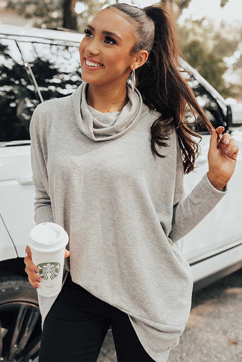 Soft Knit Cowl Neck Drawstring Pocket Tunic Top