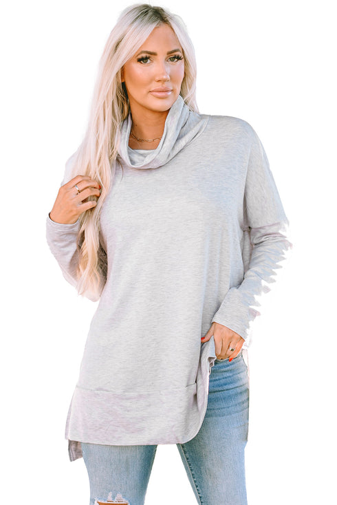 Soft Knit Cowl Neck Drawstring Pocket Tunic Top