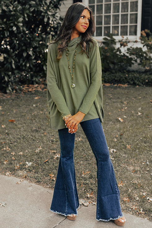 Soft Knit Cowl Neck Drawstring Pocket Tunic Top