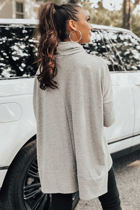Soft Knit Cowl Neck Drawstring Pocket Tunic Top