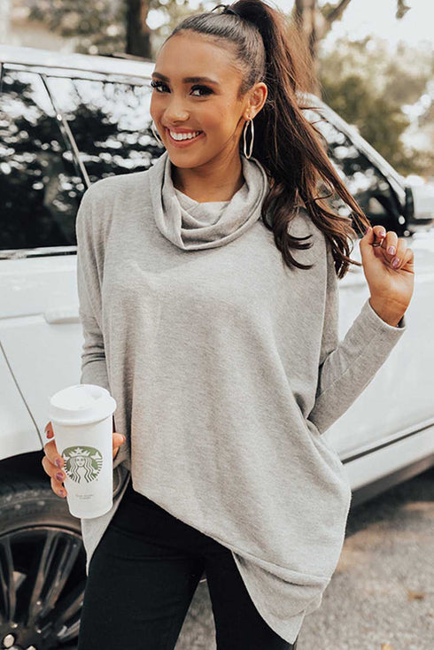 Soft Knit Cowl Neck Drawstring Pocket Tunic Top