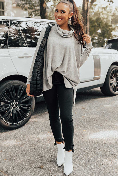 Soft Knit Cowl Neck Drawstring Pocket Tunic Top