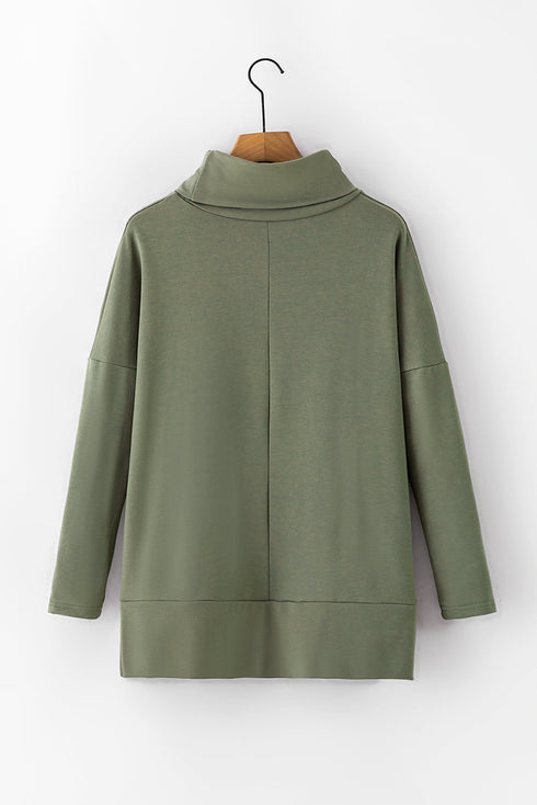 Soft Knit Cowl Neck Drawstring Pocket Tunic Top