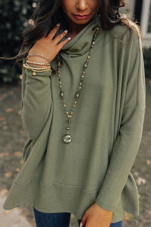 Soft Knit Cowl Neck Drawstring Pocket Tunic Top