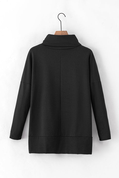 Soft Knit Cowl Neck Drawstring Pocket Tunic Top