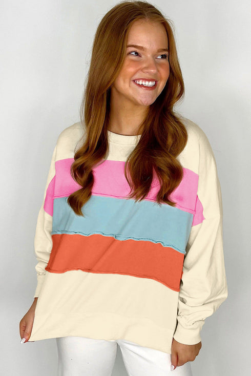 Soft Knit Exposed Seam Block Stripe Crew Neck Sweatshirt