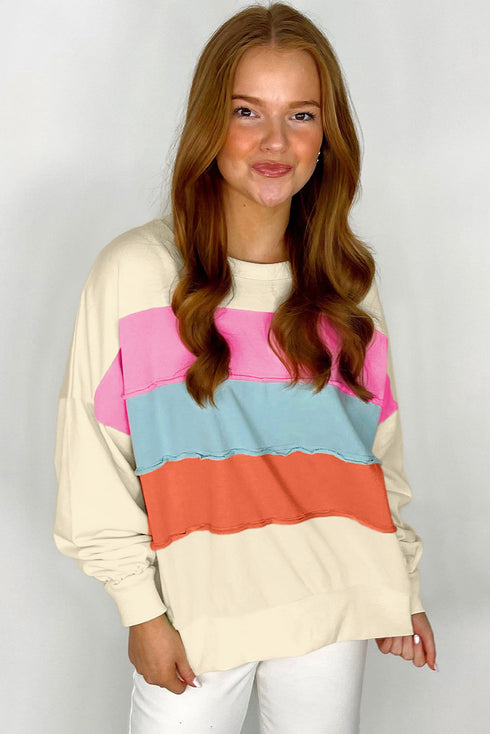 Soft Knit Exposed Seam Block Stripe Crew Neck Sweatshirt