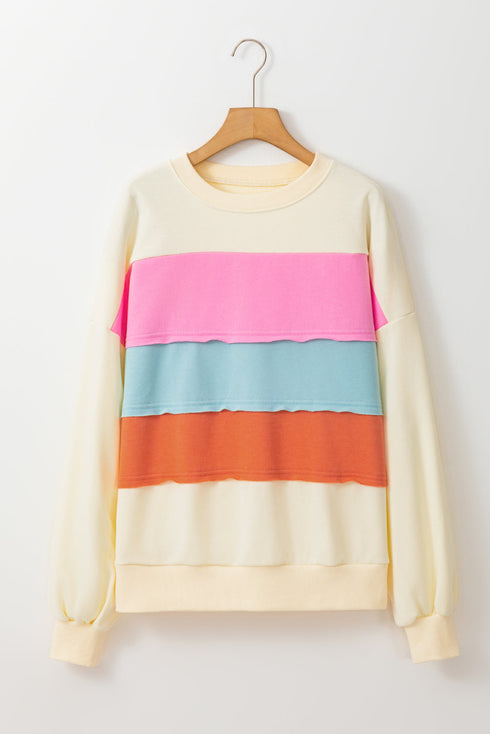 Soft Knit Exposed Seam Block Stripe Crew Neck Sweatshirt