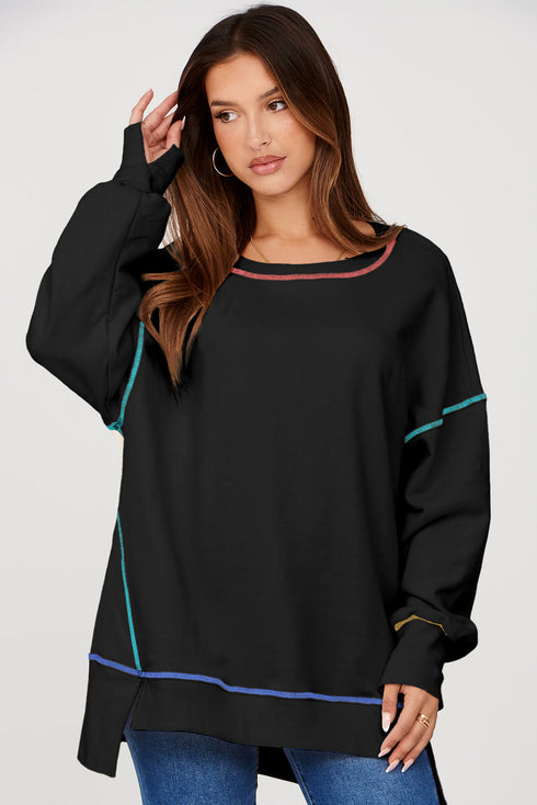 Soft Knit Exposed Seam High Low Hem Pullover Sweatshirt