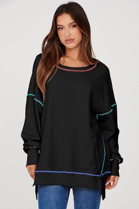 Soft Knit Exposed Seam High Low Hem Pullover Sweatshirt