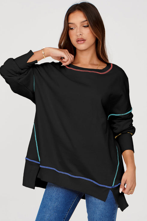 Soft Knit Exposed Seam High Low Hem Pullover Sweatshirt