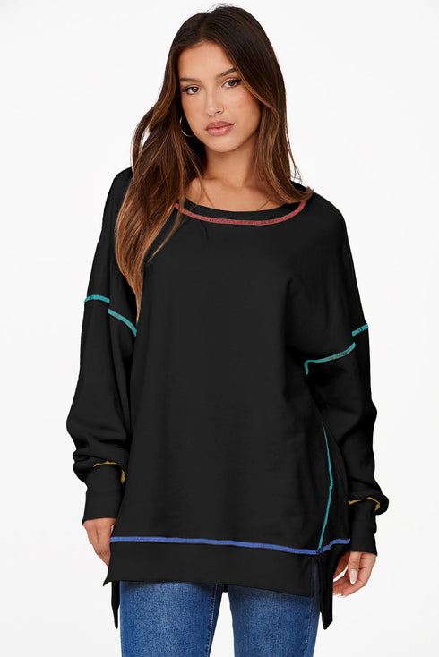 Soft Knit Exposed Seam High Low Hem Pullover Sweatshirt