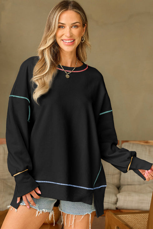 Soft Knit Exposed Seam High Low Hem Pullover Sweatshirt