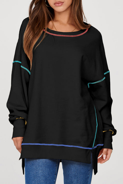 Soft Knit Exposed Seam High Low Hem Pullover Sweatshirt