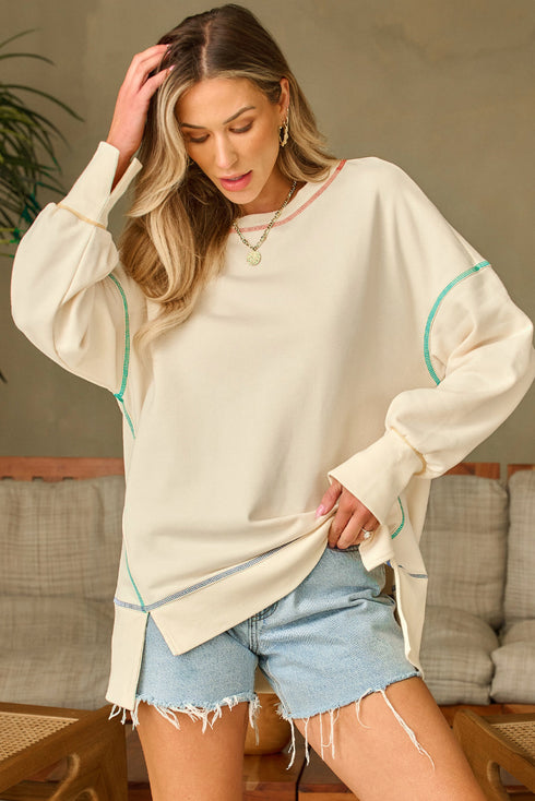 Soft Knit Exposed Seam High Low Hem Pullover Sweatshirt