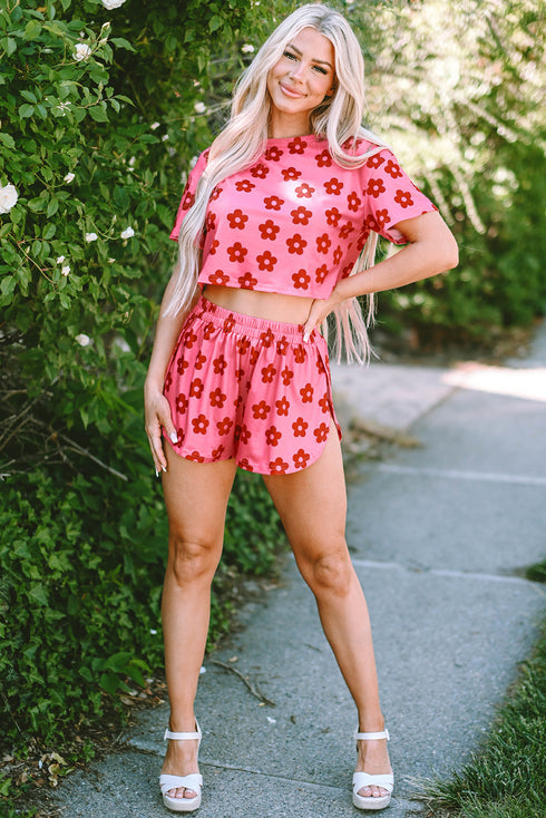 Soft Knit Floral Print Crop Tee And Shorts Set