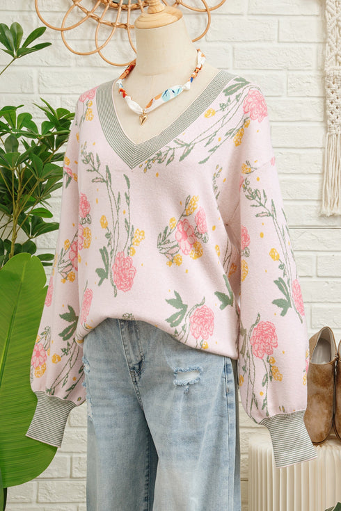 Soft Knit Floral Print V Neck Sweater