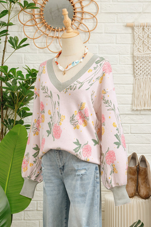 Soft Knit Floral Print V Neck Sweater