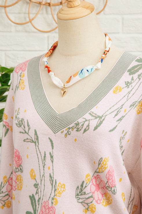 Soft Knit Floral Print V Neck Sweater
