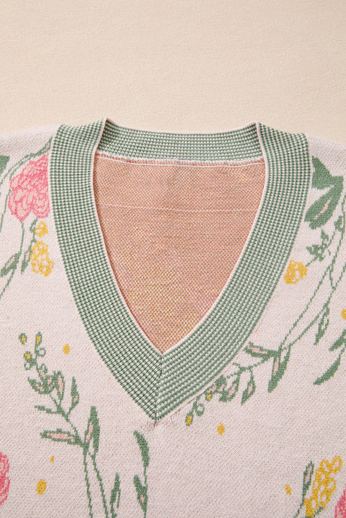Soft Knit Floral Print V Neck Sweater