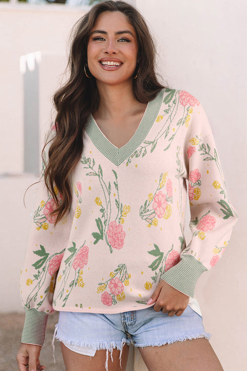 Soft Knit Floral Print V Neck Sweater