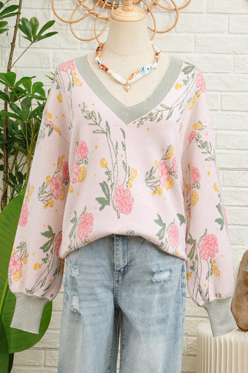 Soft Knit Floral Print V Neck Sweater