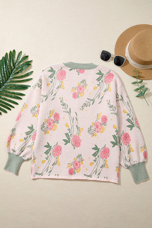 Soft Knit Floral Print V Neck Sweater