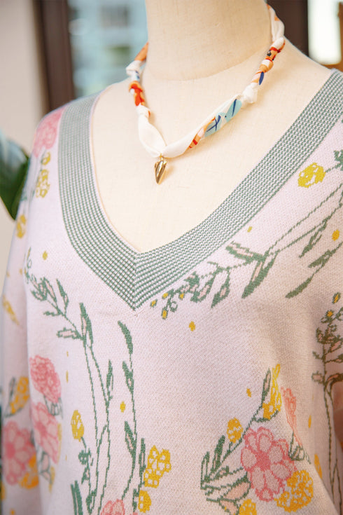 Soft Knit Floral Print V Neck Sweater