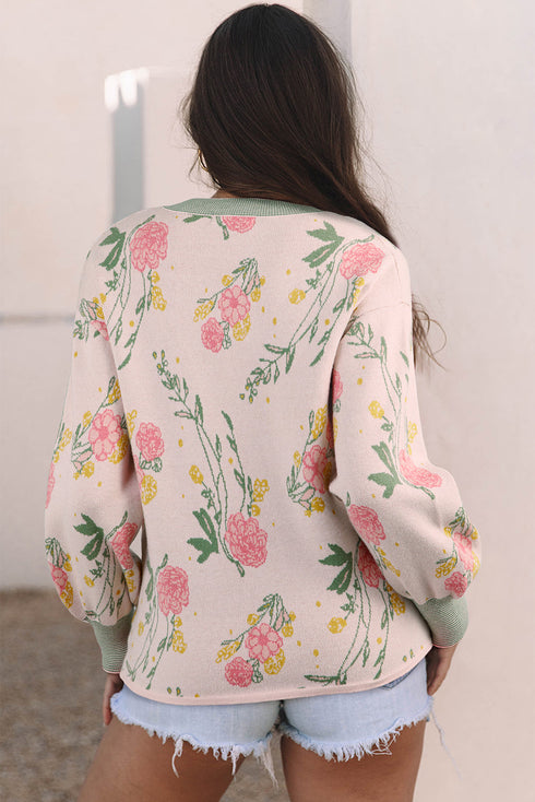 Soft Knit Floral Print V Neck Sweater