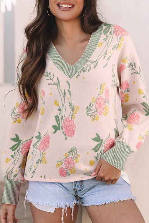 Soft Knit Floral Print V Neck Sweater
