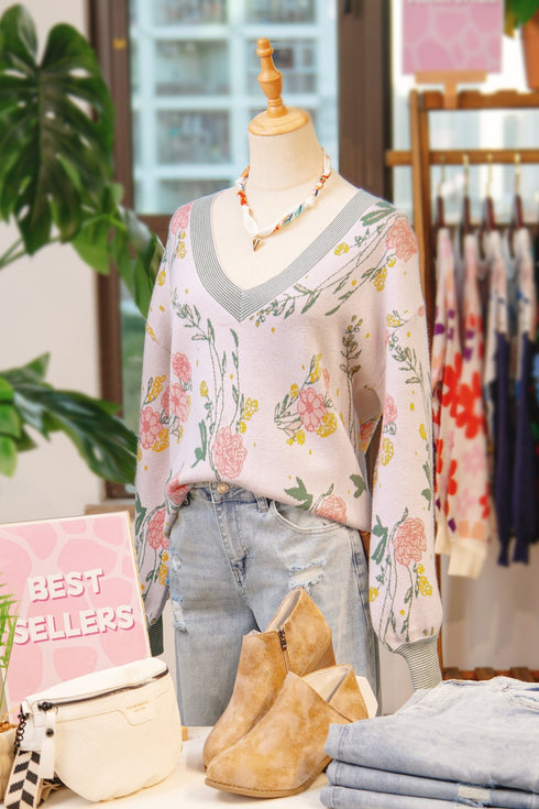 Soft Knit Floral Print V Neck Sweater