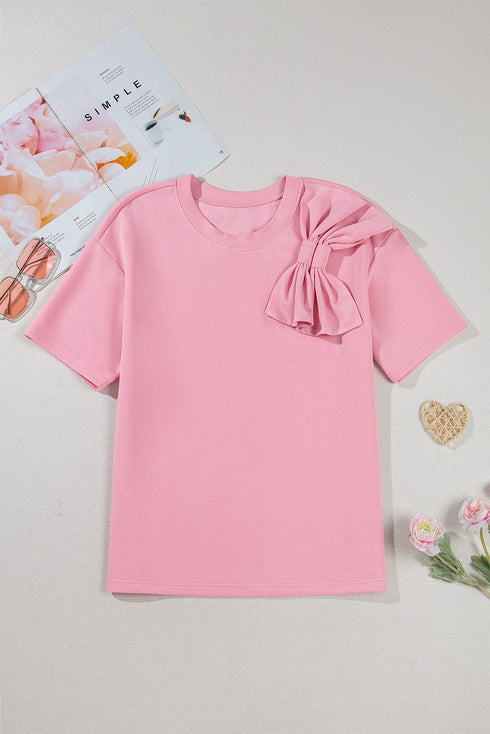 Soft Knit Half Sleeve Bow Applique Detail T-Shirt