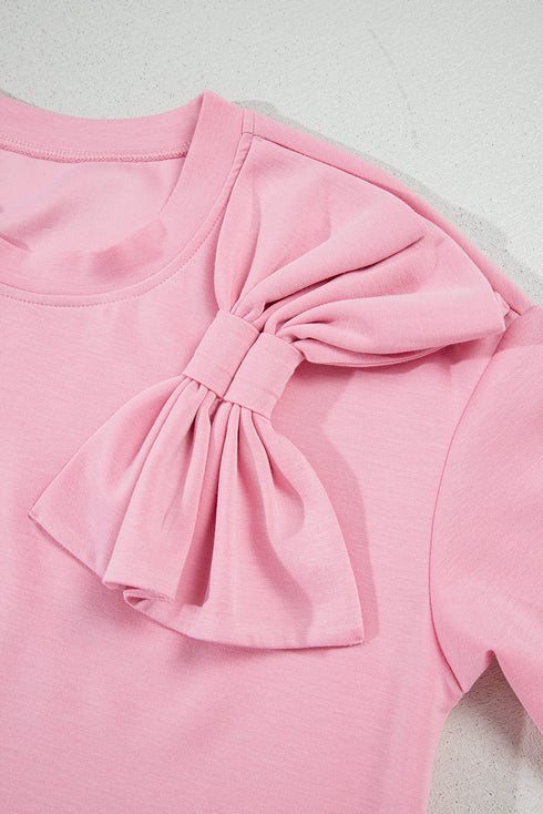 Soft Knit Half Sleeve Bow Applique Detail T-Shirt