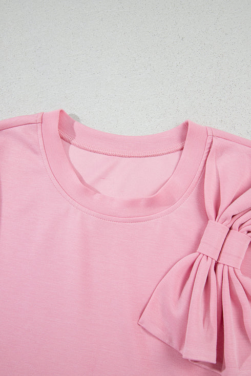 Soft Knit Half Sleeve Bow Applique Detail T-Shirt