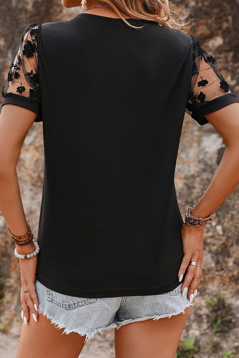 Soft Knit Lace Patchwork Short Sleeve Crew Neck Top