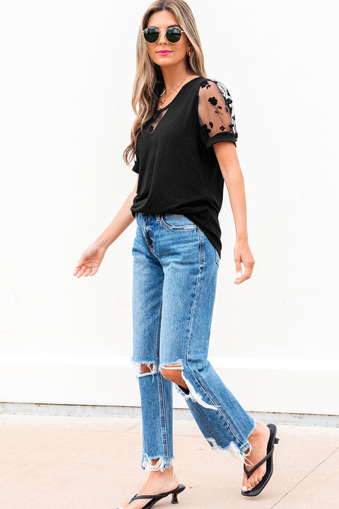 Soft Knit Lace Patchwork Short Sleeve Crew Neck Top