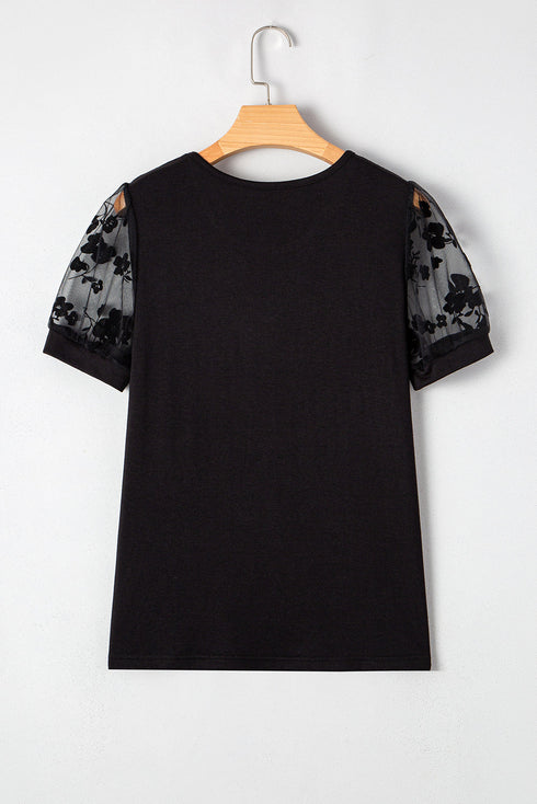 Soft Knit Lace Patchwork Short Sleeve Crew Neck Top