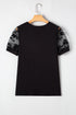 Soft Knit Lace Patchwork Short Sleeve Crew Neck Top
