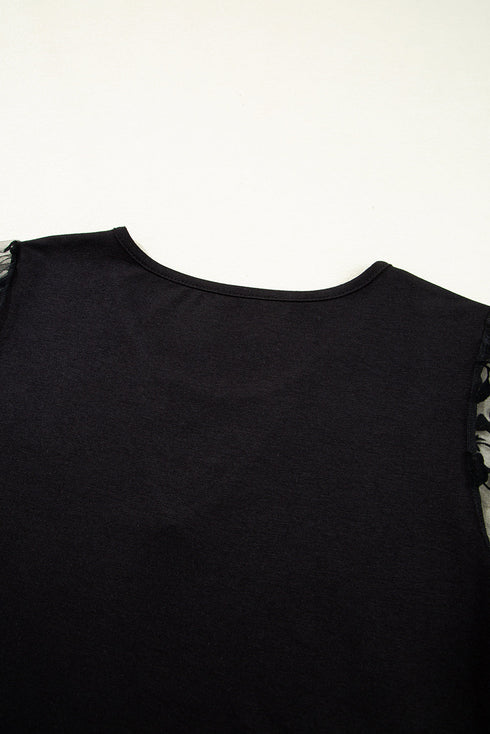Soft Knit Lace Patchwork Short Sleeve Crew Neck Top