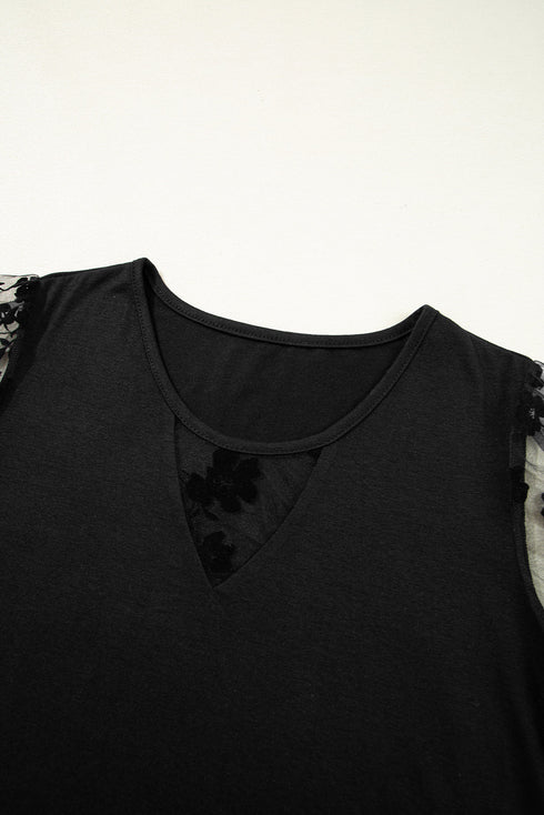 Soft Knit Lace Patchwork Short Sleeve Crew Neck Top