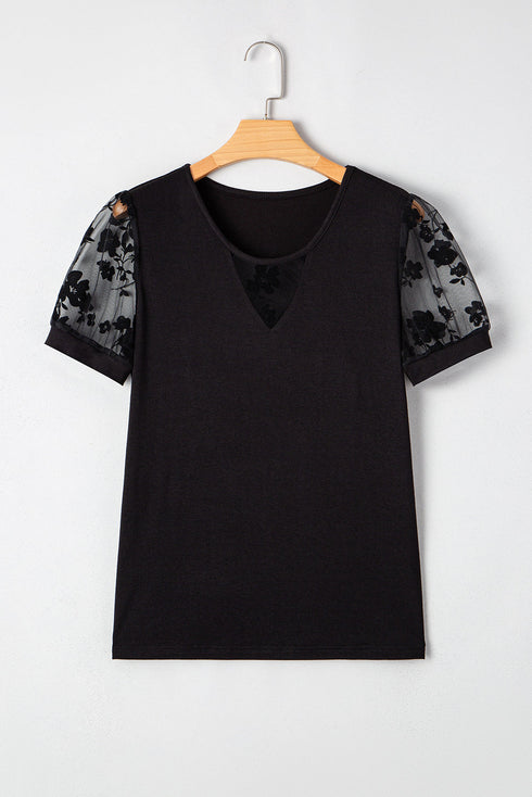 Soft Knit Lace Patchwork Short Sleeve Crew Neck Top